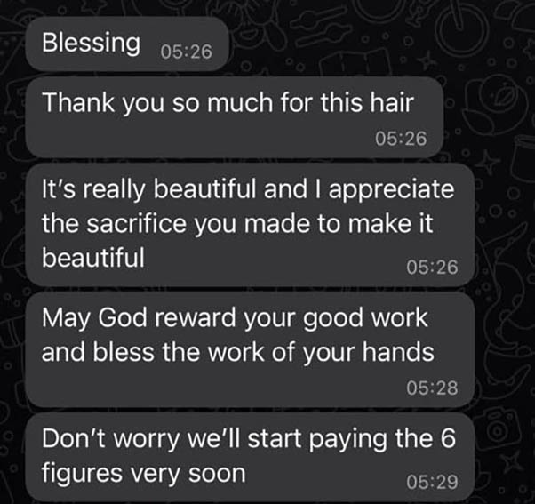 Screenshot of a message Itunuoluwa sent after her appointment.