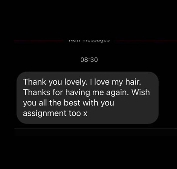 Screenshot of a message Bianca sent after her appointment.