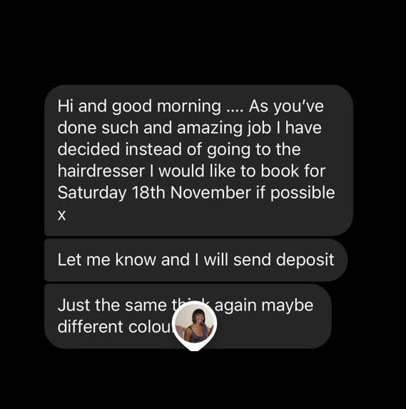 Screenshot of a message Sheryl sent after her appointment.